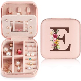 Sinekong Estuche Joyero Pequeño con Inicial E, Portátil Jewelry Organizer, Joyero Organizador de Viaje de Cuero PU, Joyero de