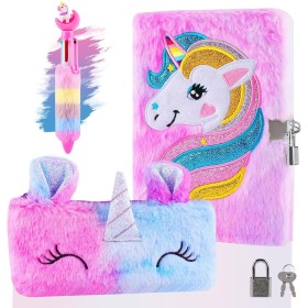 Beihre Diario Secreto Niña, Set de Papelería Unicornio de Peluche con Candados, Bolígrafo y Bolsa de Papelería, Regalos Para