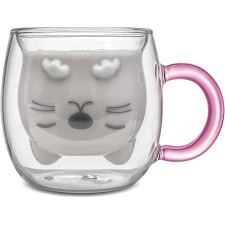 Qinhai Gato Tazas de Café de Cristal,Vasos de Doble Pared con Asa,Tazas de Té de Vidrio Borosilicato, Regalos para Cumpleaños