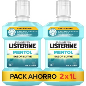 Listerine Mentol Sabor Suave (2 x 1 L), enjuague bucal con flúor, colutorio encías con 24 h de protección y 0% alcohol, enjuague