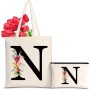 Letras Personalizadas Tote, Bolso Tote de Mujer con Inicial y Flores Bolsa de Compras con Bolsillo Interior, Alfabeto Bolso de