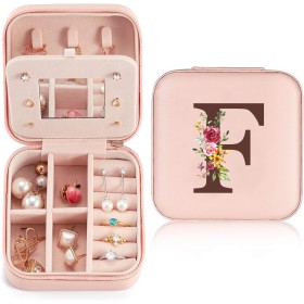 Joyero con Nombre Inicial F joyero Pequeña Portátil Joyero Viaje con Espejo Mini Joyero Personalizado Organizador de Joyas para