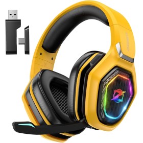 Ozeino Cascos Gaming Inalámbricos para PC/Ps5/Ps4, Auriculares Gaming Inalámbricos de 2,4GHz Wireless+Bluetooth (Amarillo)