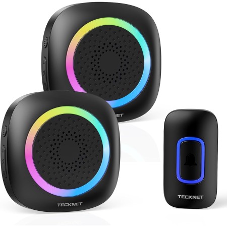 TECKNET Timbre Inalámbrico con Pilas, RGB Timbre Inalámbrico Exterior Impermeable IP66 con 2 Receptores, 400M Alcance, 5 Niveles