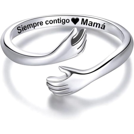 Anillo Mujer "Siempre Contigo Mamá" en Plata de Ley 925 - Regalo de Cumpleaños o Navidad para Madres, Abuelas - Anillo Ajustable