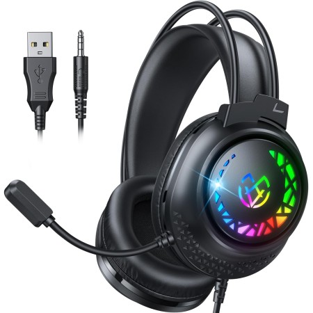 Tatybo Cascos Gaming para Ps4/Ps5/PC/Switch, Auriculares Gaming con Doble Diadema Adaptable, 3D Estéreo Sonido, Cascos con Cable