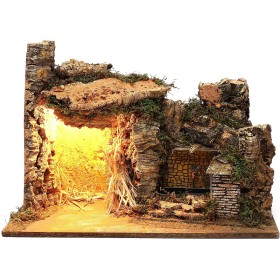 Ambientazione illuminata capanna Fontana Laterale muratura 35x50x25 cm presepi 9 cm