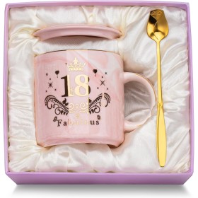 Taza de Cerámica Rosa para Chicas de 18 Años - Regalo Original con Tapa, Cuchara y Caja de Regalo - Ideal para Cumpleaños,