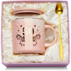 50 Cumpleaños Regalo 50 Años Mujer Taza, Originales Regalos 50 Cumpleaños Mujer Taza de Cerámica Jaspeada Rosa, Cumpleaños 50