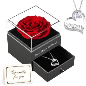 Qinqinxin Regalos Dia de la Madre, Rosa Eterna con Collar Regalos para Mama, Mejor mamá del Mundo, Flores Preservadas Dia de la