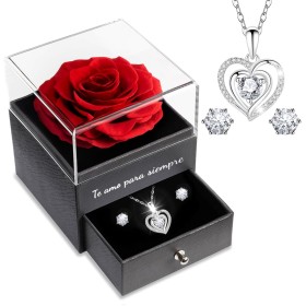 Sunia Regalo Dia de la Madre, Rosa Eterna con Collar y Pendientes de Corazón Plata de Ley 925,Rosa Eterna Natural Preservada