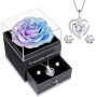 Sunia Regalo Dia de la Madre, Rosa Eterna con Collar y Pendientes de Corazón Plata de Ley 925,Rosa Eterna Natural Preservada