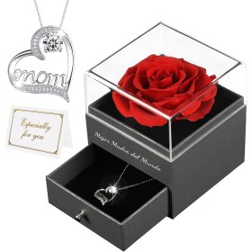 Rosa Eterna Regalo Dia de la Madre, Regalo Mama, Rosa Natural Flores Preservada con Collar Día de la Madre, Regalos para Madres