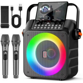 HWWR Karaoke Profesional Inalámbricos, Máquina de Karaoke Portátil con Micrófonos Inalámbricos para Adultos y Niños, Luces