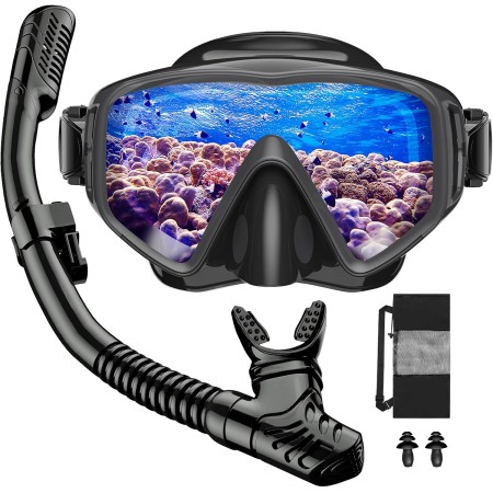 JEMULICE Gafas y Tubo de Snorkel Set para Adulto, Panorámico de 180° Gafas de Buceo Adulto de Cristal Templado y Dry Top