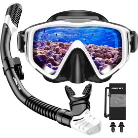 JEMULICE Gafas y Tubo de Snorkel Set para Adulto, Panorámico de 180° Gafas de Buceo Adulto de Cristal Templado y Dry Top