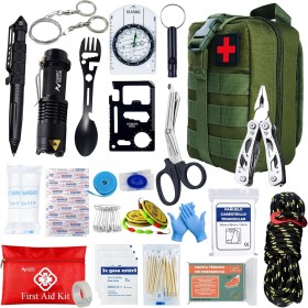 Kit Supervivencia UE 2025 con Mochila Botiquín y Linterna, Manta Térmica Supervivencia, Cuchillo Supervivencia Militar