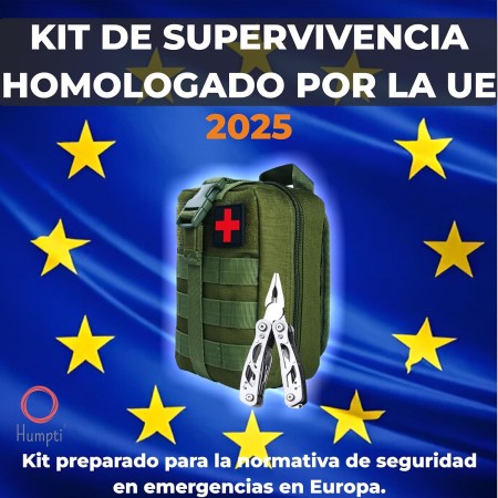 Kit Supervivencia UE 2025 con Mochila Botiquín y Linterna, Manta Térmica Supervivencia, Cuchillo Supervivencia Militar