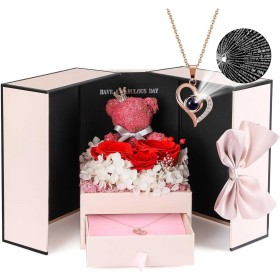 ADDWel Collar de Rosa Real roja preservada con Texto en inglés I Love You en 100 Idiomas, Oso de Rosas encantadas, Lindo Regalo