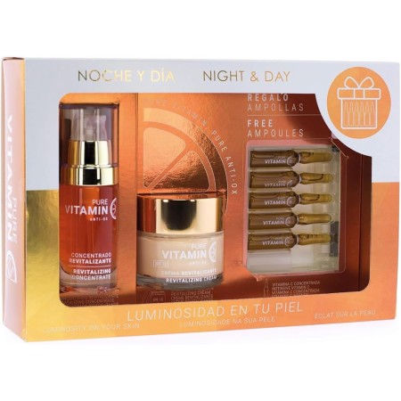 Noche y Día, Pack Regalo Vitamina C, Crema Hidratante Facial 60ml, Serum 30ml, 5 Ampollas 2ml, Tratamiento Antioxidante e