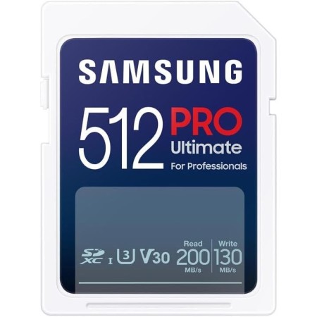 Samsung PRO Ultimate Tarjeta de Memoria SD, 512 GB, Lectura 200 MB/s, Escritura 130 MB/s, UHS-I, C10, U3, V30, 4K UHD, Para