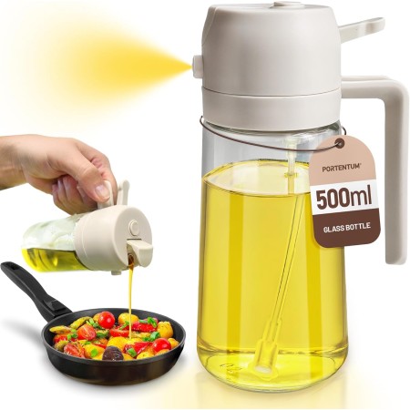 PORTENTUM Pulverizador aceite spray 2 en 1 aceitera spray pulverizador, Botella de vidrio de 500 ml / 17 oz para Freidora de