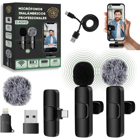 2 Pcs Micrófono inalámbrico para iPhone, iPad, Android, PC, con USB-C, Microfonos de Solapa con Clip para Grabación de Vídeo,