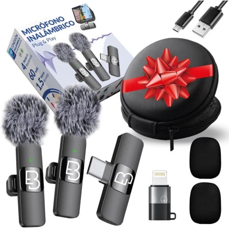 Micrófono Inalámbrico Solapa 2 Pack | 20m Largo Alcance | Plug&Play para iPhone, Android, iPad, PC | Sonido Profesional,