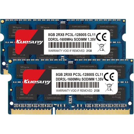 Kuesuny 16GB Kit (2x8GB) PC3L-12800s Sodimm DDR3 / DDR3L 1600MHz Sodimm CL11 PC3-12800 1.35V/1.5V 204Pin Non-ECC Unbuffered