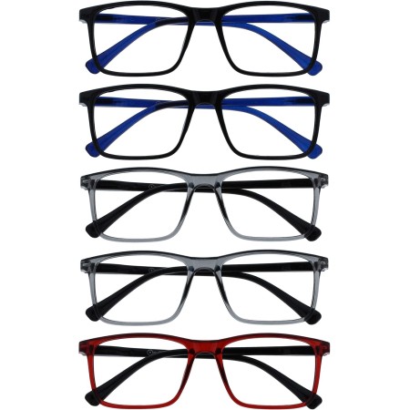 OPULIZE Ink Pack 5 Gafas De Lectura Grande Negro Gris Rojo Hombres Mujeres Bisagras Resorte RRRRR4-1177Z +1,00