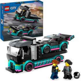 LEGO City Coche de Carreras y Camión de Transporte de Juguete, Juego de Construcción con Vehículo de Competición, Minifiguras de