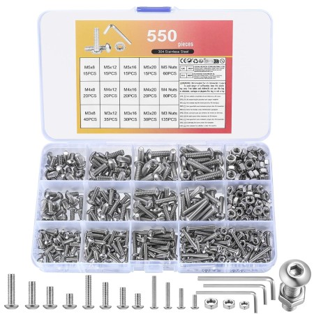 550 Pcs Tornillos M3 M4 M5, Tornillos de Cabeza Hueca Hexagonal de Cabeza Redonda con Tuercas, Tornillos y Tuercas de Acero