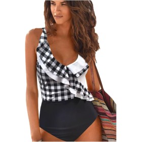 JFAN Traje de Baño Mujer de Una Pieza Volante Cuello en V Ropa de Baño Playa Control del Vientre Monokini