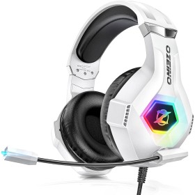 Cascos Gaming con Micrófono Suave, Luz RGB, Sonido Envolvente Claro, Orejeras Ligero Cómodo Ajustable, Auriculares Gaming Blanco