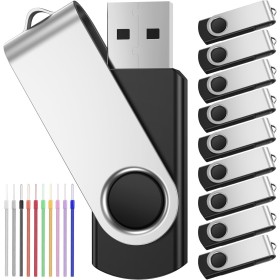1GB Pen Drive 10 Pieces USB 2.0 Flash Drive Swivel 1GB Black Portable with 10 Lanyards USB Key Practical and Economic for