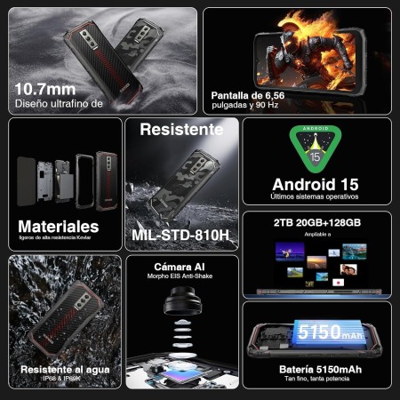 DOOGEE Blade 10 Movil Irrompible Android 15, 20GB RAM+128GB ROM (TF 2TB) 6,56" FHD+90Hz Teléfono Móvil Resistente 2025 5150mAh,