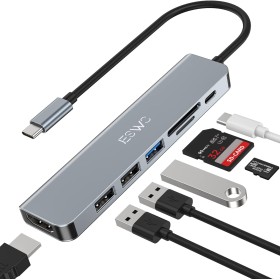 JESWO USB C Hub, 7 in 1 USB C Adapter with HDMI 4K, USB 3.0 5Gbps, SD/TF Card Reader, PD 100W, Multiport Adapter, Compatible