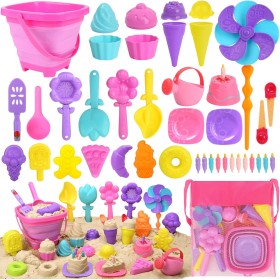 Joyreal 46 Piezas Heladeria Juguetes Playa - Juegos de Niños con Plegable Cubo, Bolsa Malla, Palas, Rastrillo Moldes de Arena