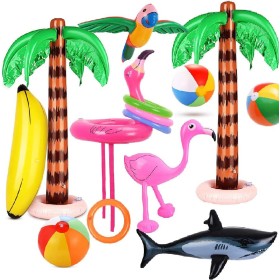Evance 14 Piezas Inflables Palmeras Flamingo Juguetes Inflables Banana Bolas de Playa Volando Loro Tiburón Juguete Flamenco con