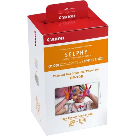 Canon RP-108 - Papel fotográfico y cartucho de tinta original para Selphy CP, color blanco.