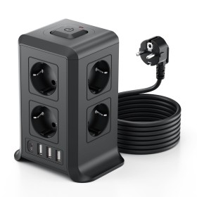Torre Regletas Enchufes, Regleta USB 8 Tomas de AC y 4 USB Enchufe Multiple,Regleta Enchufes Proteccion Sobretension, 2 M