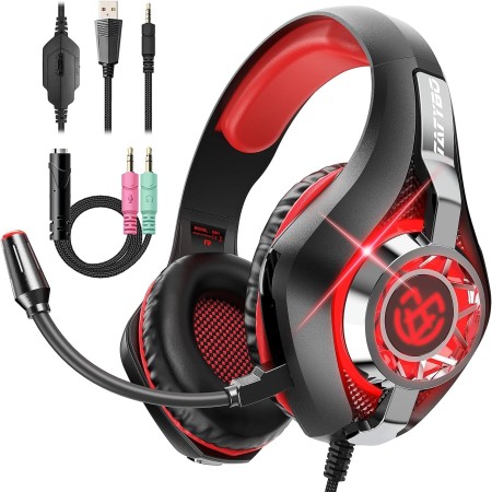 Tatybo Cascos Gaming, Auriculares Gaming con Graves Envolventes 3D, Micrófono Reducción De Ruido Y Almohadillas De Proteína,