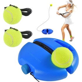 Funmo Juego de entrenador de tenis, tabla de base con 2 pelotas de rebote, banda de goma, pelota de entrenamiento, herramienta
