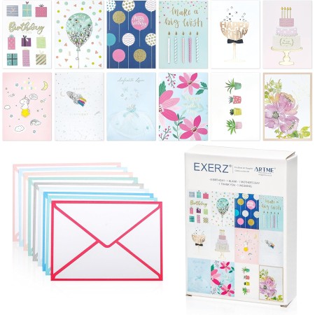 Exerz Paquete múltiple de 24 tarjetas de felicitación surtidas para cumpleaños – 12 diseños x2 tarjetas de feliz cumpleaños.