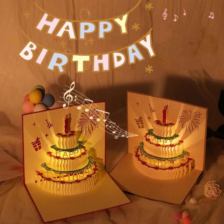 MZSX Feliz Cumpleaños Tarjetas Con Sobres, canta y brilla, Pastel de cumpleaños 3D, adecuadas para mujeres, hombres y niños,