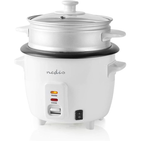 Nedis olla eléctrica para arroz - Olla con vaporera y tapa de cristal - Prepara arroz y verduras con delicadeza - Capacidad 0,6