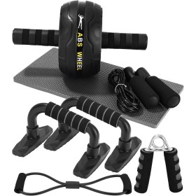 Kureny Equipo de gimnasio,Kit de Rueda Abdominal con Push Up Bars, Cuerda para Saltar, Fortalecedor de Mano, Rodilla Mat,banda