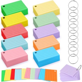 1000 pcs Flashcards A8, Tarjetas Estudio Con Anillo De Carpeta, 10 Colores fichas de Cartulina con Rayas, Flash Cards Para