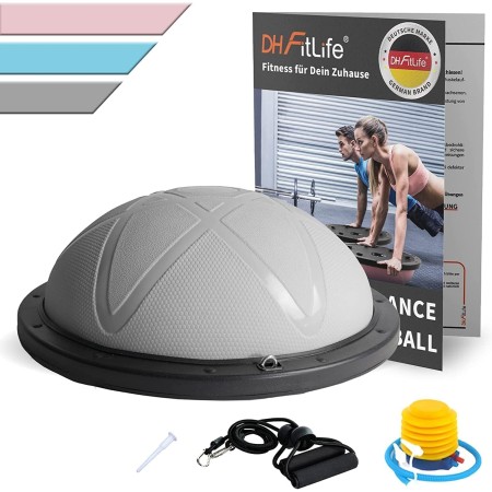 DH FitLife Balón de equilibrio, yoga, entrenador de equilibrio de 60 x 22 cm hasta 200 kg, media pelota de gimnasia, tabla de