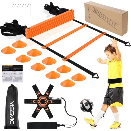 YISSVIC Kit Entrenamiento Futbol Juego Escalera de Agilidad 6 m 12 Peldaños con 10 Conos 4 Postes Fútbol Kick Throw Trainer para